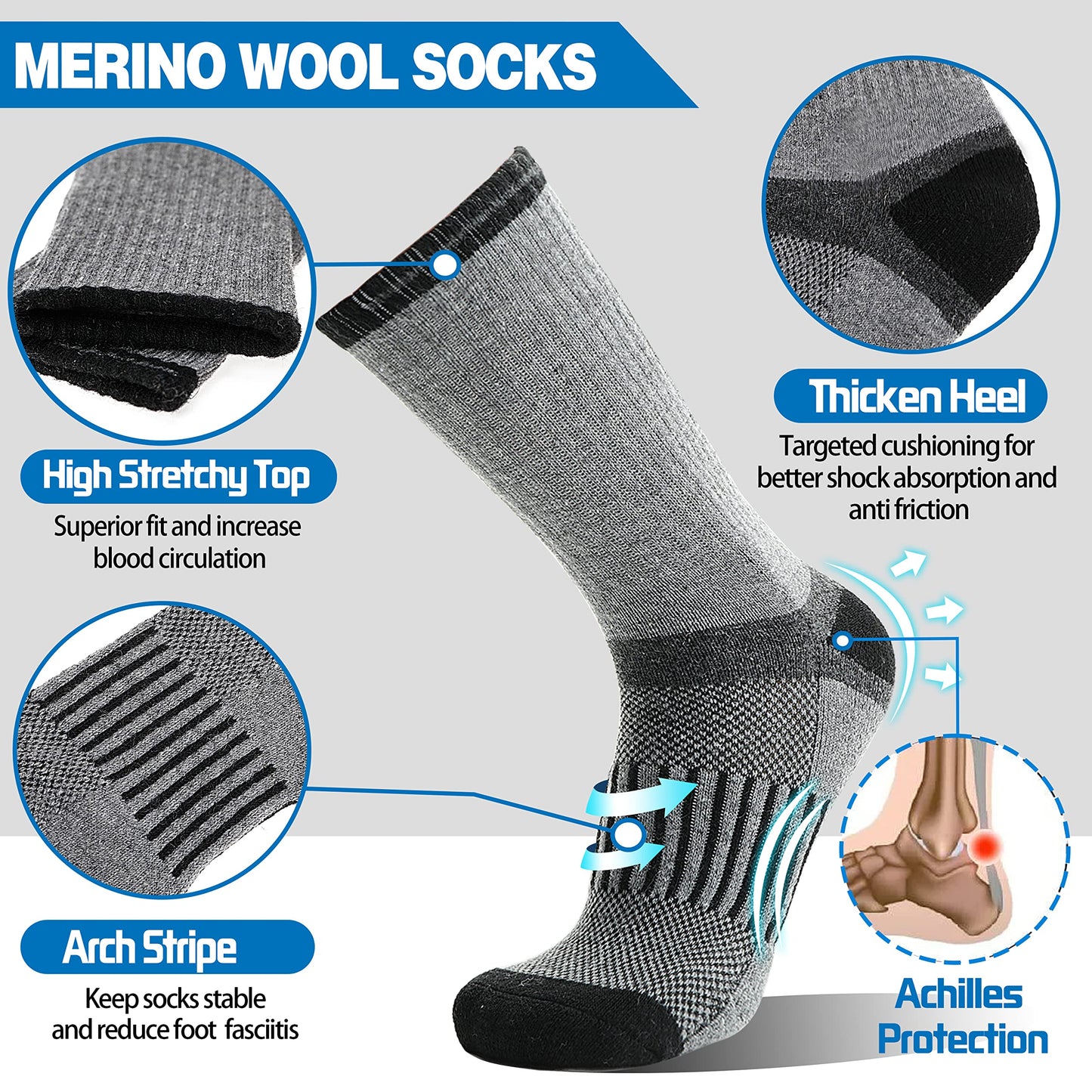 Merino Wool Hiking Socks for Men Warm Thermal Winter Cozy Work Crew Socks Gifts Stocking Stuffers 5 Pairs (Dark Pinstripes A,L)