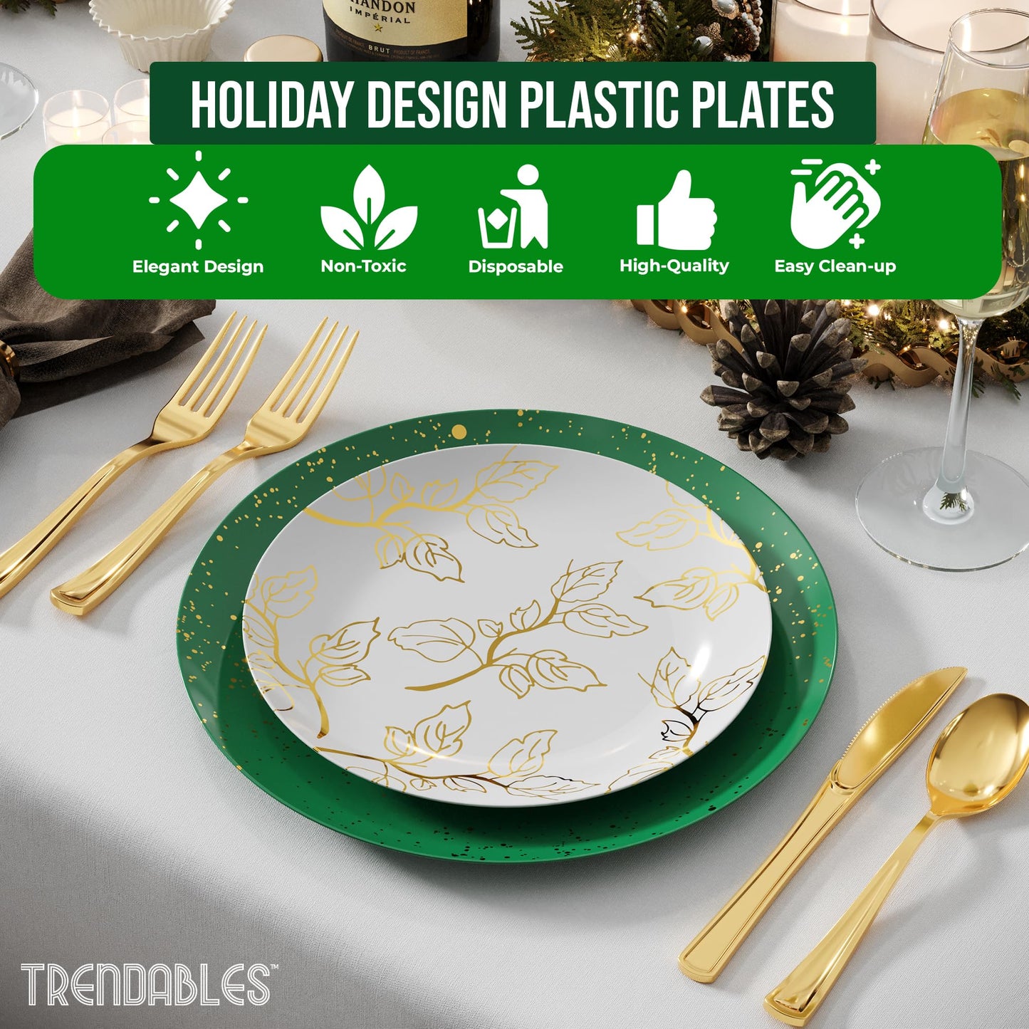 Trendables Christmas Plates Disposable Heavy Duty 40 Pcs Christmas Dinnerware Set Green Plates Disposable Includes 20 10" Green Dinner Plate & 20 8" Dessert Plate For Holiday And Party Supplies