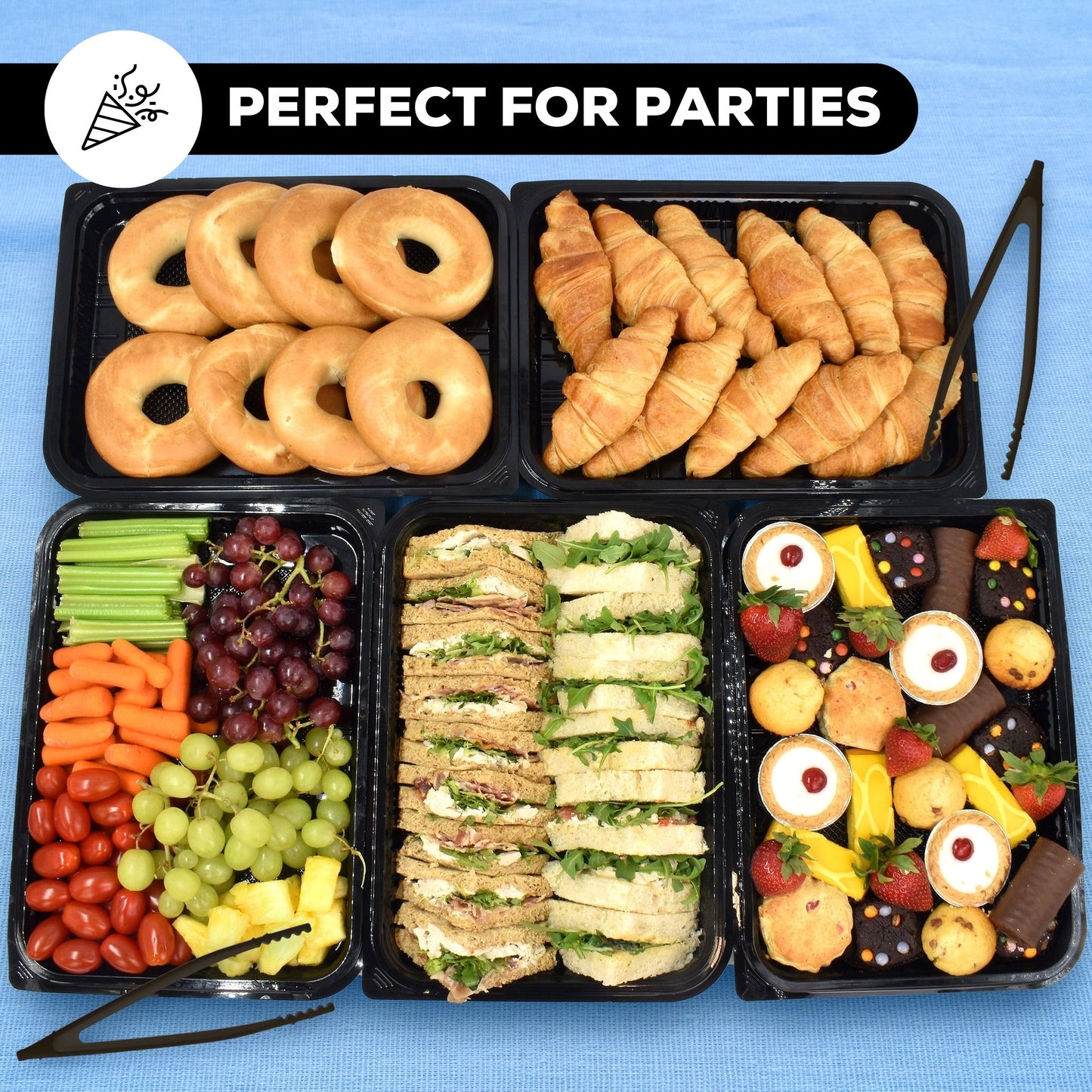 6 Pack Catering Trays with Lids – 13" Serving Tray with Lid, Heavy Duty Recyclable Plastic Party Platters for Catering, Buffet, Picnics & Events – Food Trays with Clear Lid (13.39 × 9.84 × 2.95 inch)
