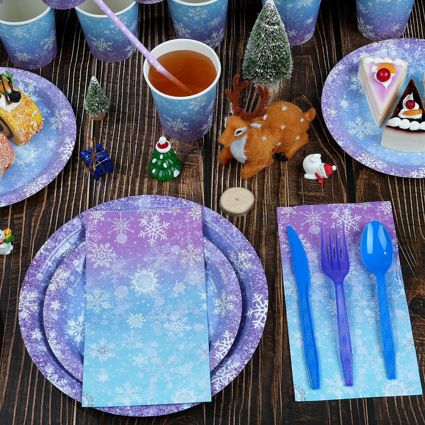 Winter Snowflake Paper Plates and Napkins Set, Blue and Purple Snowflake Winter Wonderland Disposable Tableware for Christmas Winter Holiday New Year Birthday Party Supplies Decorations, Serve 50