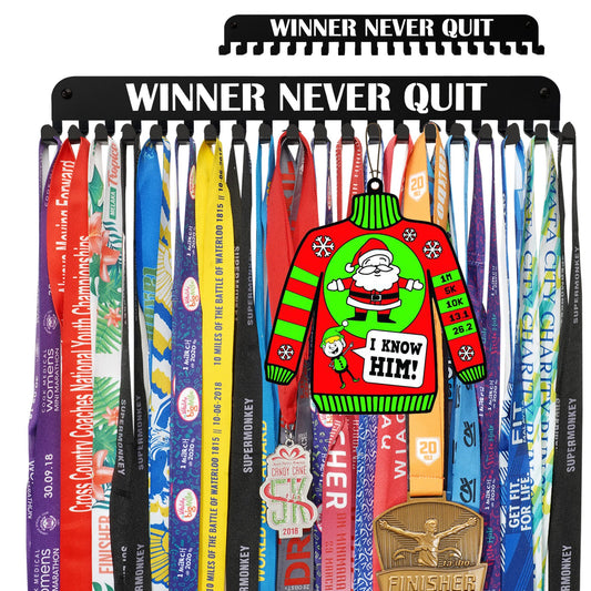Miayork Medal Holder Display Hanger Race Rack Ribbon Wall Frame with 20 Hanging Hooks Easy Use Easy Install-Run Wrestling Kids Swim Cheer Medal Holder Display Rack in Black Effect-WINNER NEVER QUIT