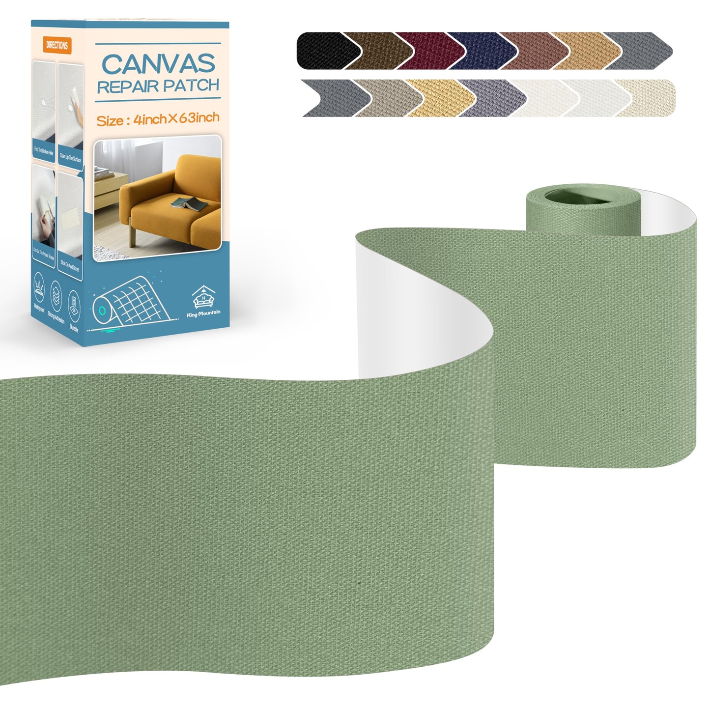 KING MOUNTAIN Canvas Repair Tape,Outdoor Gear Patch, 4×63 Inches,Waterproof,Self-Adhesive for Repairing Boat Covers,Sun Shades,Sofas,Tents,Lounge Chairs,Awnings (Grass Green)