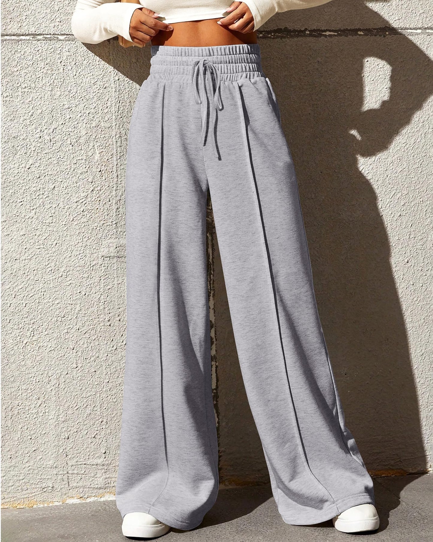BTFBM Women's Causal Drawstring High Waist Baggy Straight Wide Leg Sweatpants with Pockets(Solid Light Grey,Medium)
