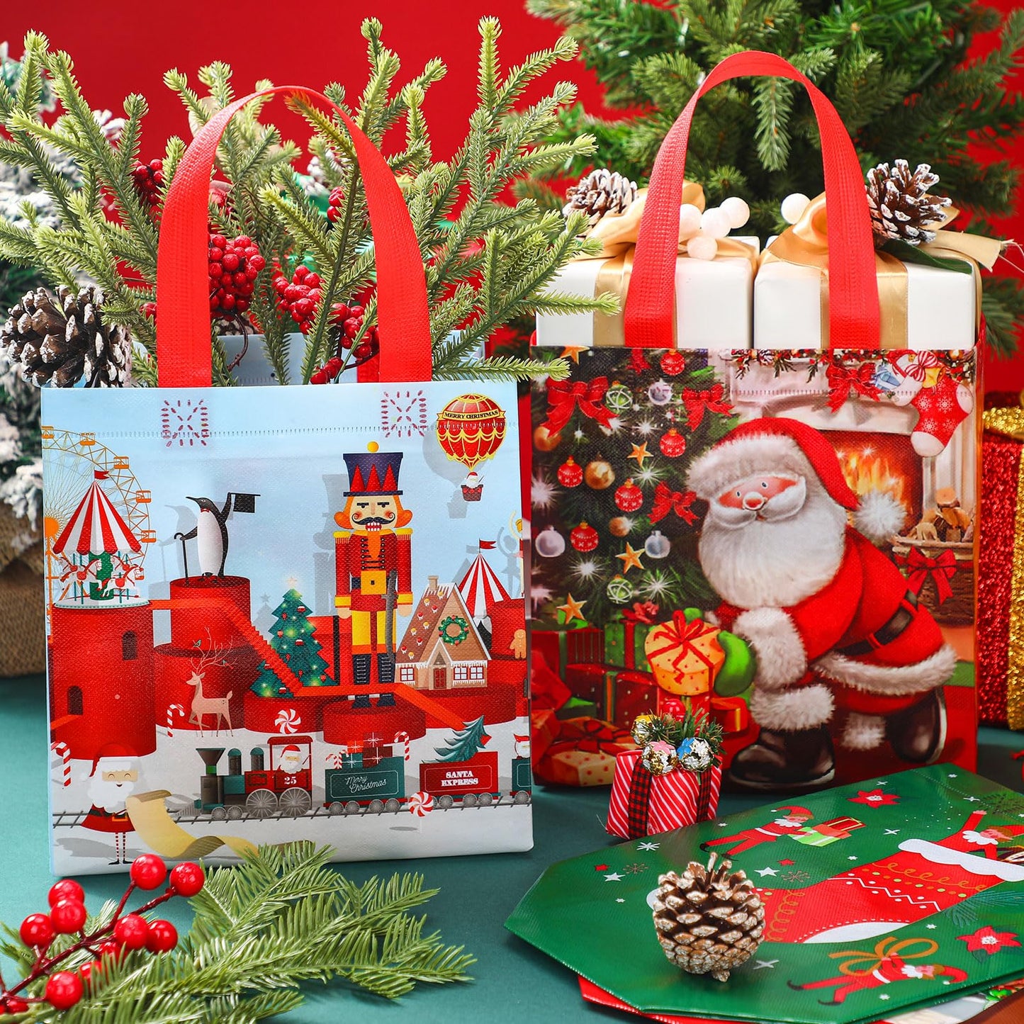 Chapou 100 Pcs Christmas Gift Bag Bulk Reusable with Handles 9.06 x 8.66 x 4.33 in Xmas Tote Bags Snowman Santa Claus Non Woven for Shopping Goodies Retail Business Treat Holiday Party Supplies