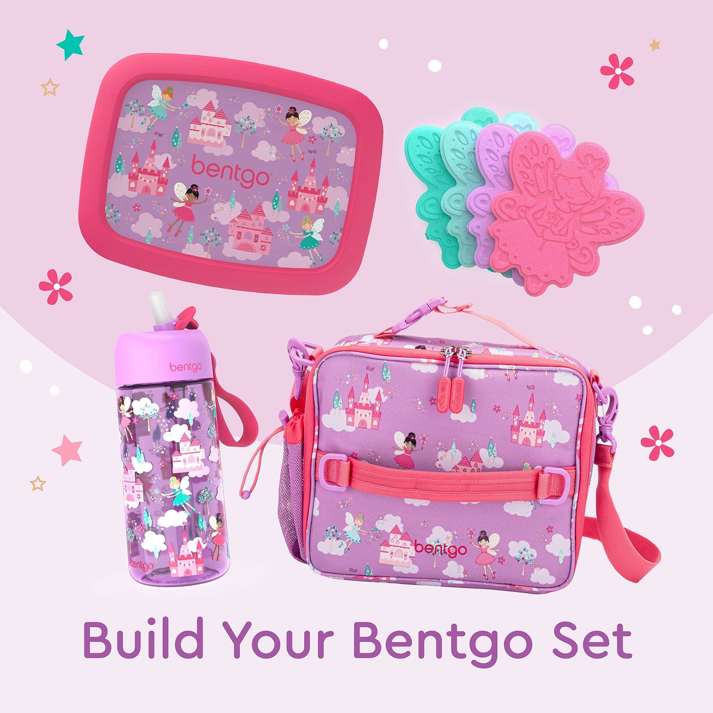 Bentgo® Buddies Glitter Reusable Ice Packs - Slim Ice Packs for Lunch Boxes, Lunch Bags, and Coolers - Multicolored 4-Pack (Fairy)