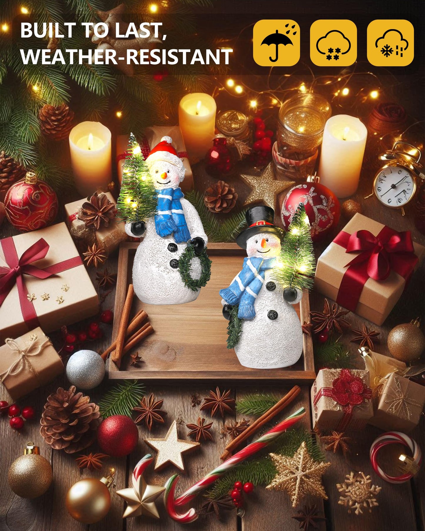 GoGnome Duo 5'' Resin Snowman Figurines with Lighted Christmas Tree Wreath - Christmas Decorations Indoor Snowman Decor Ornaments Centerpiece - Winter Holiday (Snowmen)