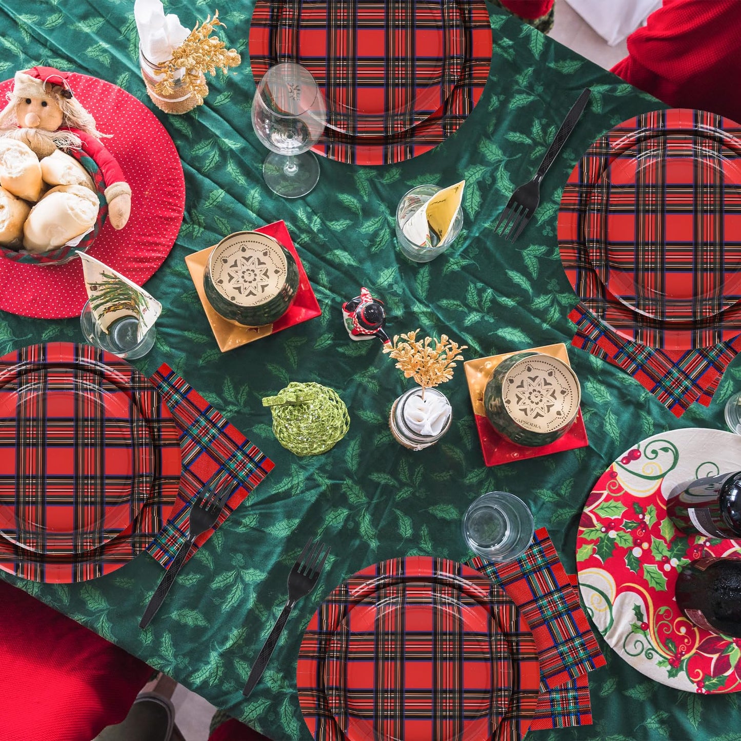 Whaline 96Pcs Christmas Plaid Paper Tableware Set Red Xmas Checkered Party Supplies Gingham Disposable Plates Napkins and Forks for 24 Guest Holiday Birthday New Year Party