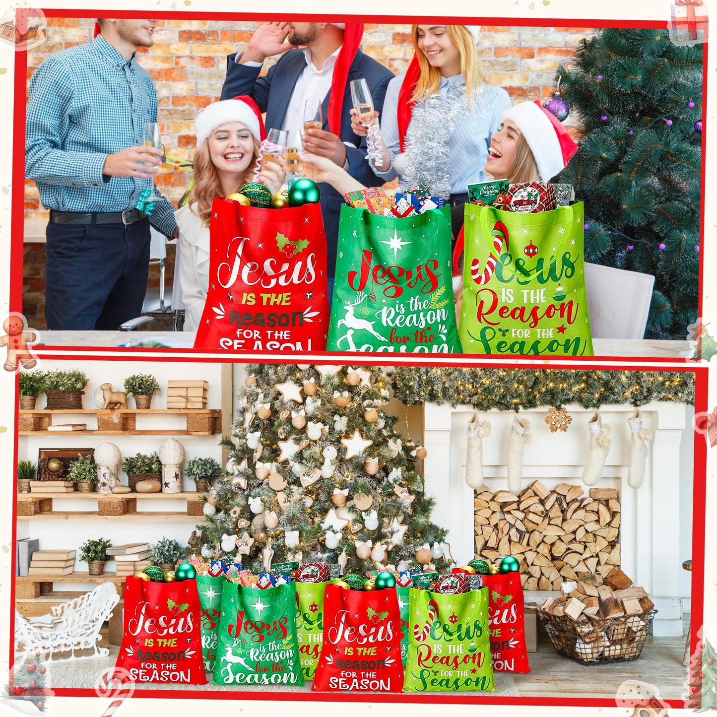 Hosuly 15 Pcs Extra Large Christmas Gift Bags 15 x 17 in Non Woven Christmas Tote with Handle Reusable Jesus Is the Reason for the Season Shopping Bags for Religious Xmas Holiday Party Supplies