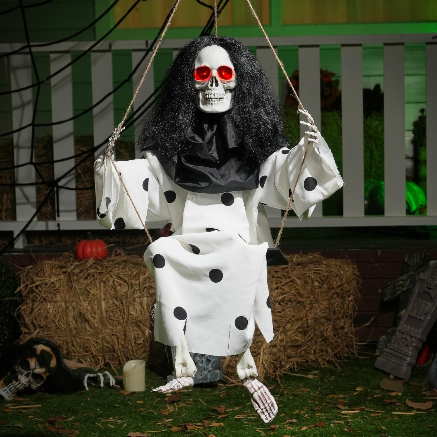JOYIN 31" Halloween Animatronics Decorations Scary Swinging Clown, Outdoor Hanging Skeleton with Light-up Eyes and Kicking Legs, Sound Activated Ghost Decor for Haunted House, Lawn, Yard, Patio