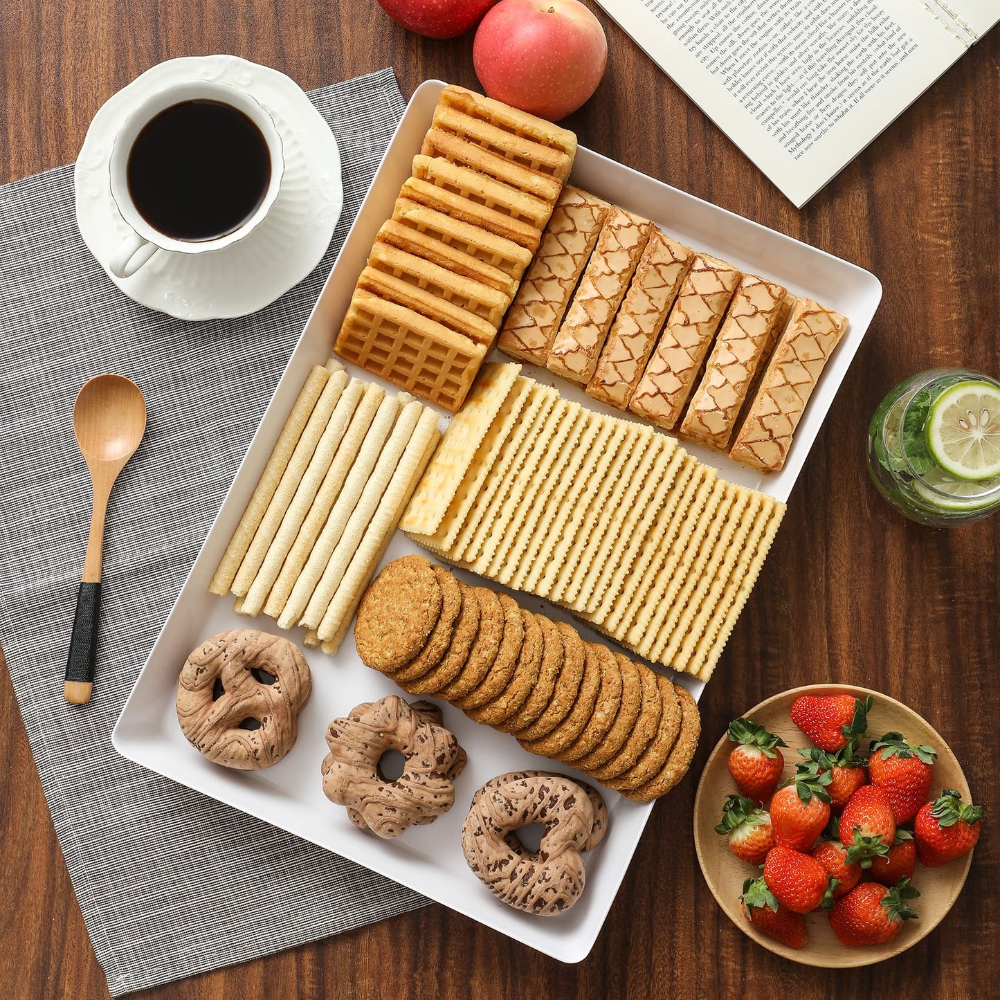 8 Pack, 16" x 11" Large White Serving Trays Set - Reusable Plastic Serving Platters for Cookie, Appetizer, Charcuterie, Snack, Dessert, Party Food Display - Stackable Kitchen CounterTop Tray, BPA Free