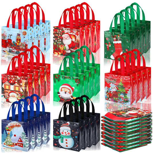 Chapou 100 Pcs Christmas Gift Bag Bulk Reusable with Handles 9.06 x 8.66 x 4.33 in Xmas Tote Bags Snowman Santa Claus Non Woven for Shopping Goodies Retail Business Treat Holiday Party Supplies