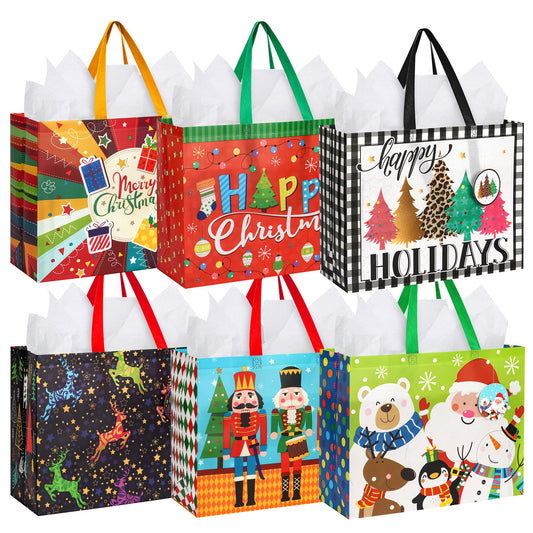 HOIIOH 12 Pack Christmas Extra Large Gift Bags with Handles, 16.5"x13"x6.3", Reusable Non-Woven Tote Bags Grocery Bags bulk for Wrapping Xmas Party Favors & Supplies with Tissue Paper & Gift Tags