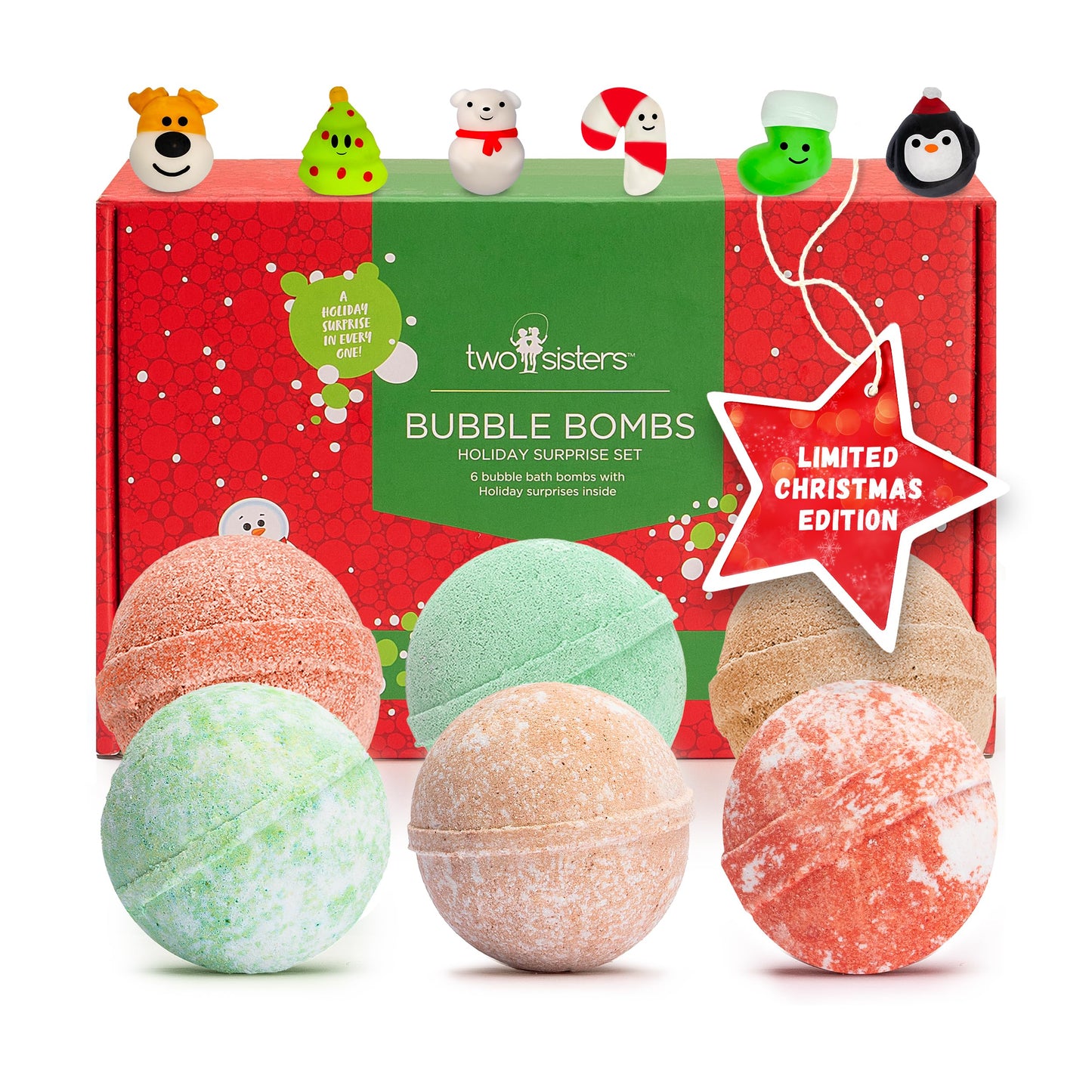 Christmas Bath Bombs for Kids with Surprise Toys Inside (6 Pack) - Holiday Gifts and Stocking Stuffers for Boys and Girls - Bubble Treats with Cheerful Scents, USA Made by Two Sisters