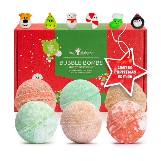 Christmas Bath Bombs for Kids with Surprise Toys Inside (6 Pack) - Holiday Gifts and Stocking Stuffers for Boys and Girls - Bubble Treats with Cheerful Scents, USA Made by Two Sisters