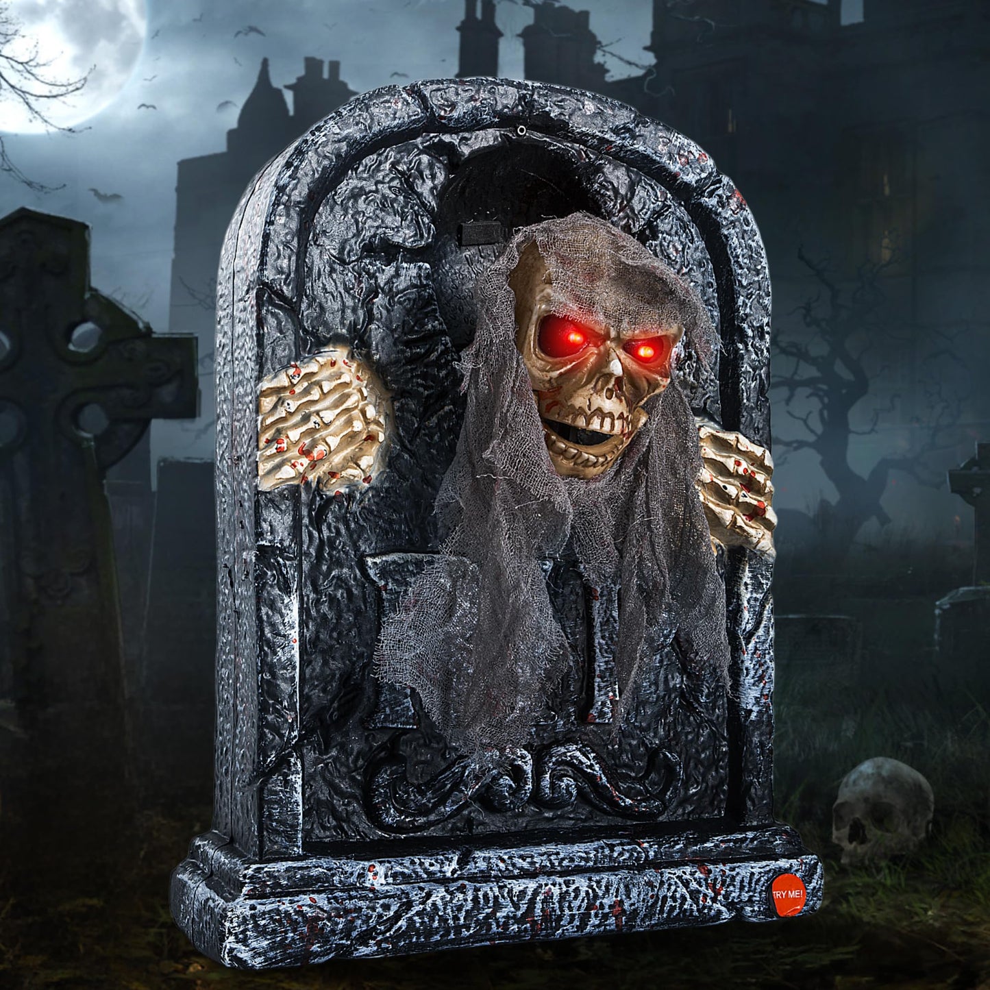 Halloween Animatronic Tombstone with Moving Skeleton - Sensor Activated Animated Scary Prop with Creepy Sound & Light-Up Eyes for Haunted House, Yard,Halloween Party Decor