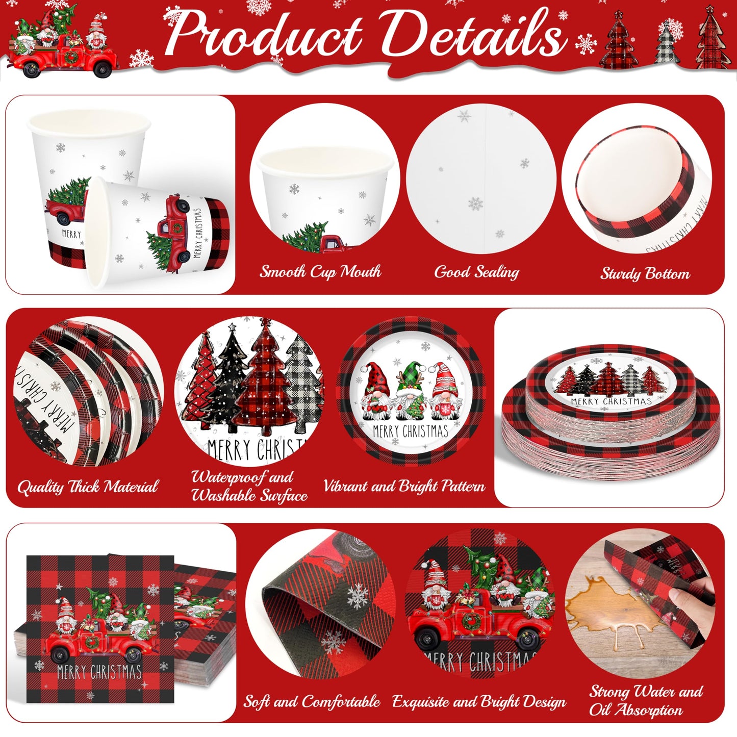 Christmas Plates Set Christmas Dinner Tableware Set Disposable 168Pcs Christmas Party Supplies for 24 Guests Buffalo Plaid Christmas Paper Plates Napkins Cups Plastic Forks Knives Spoons
