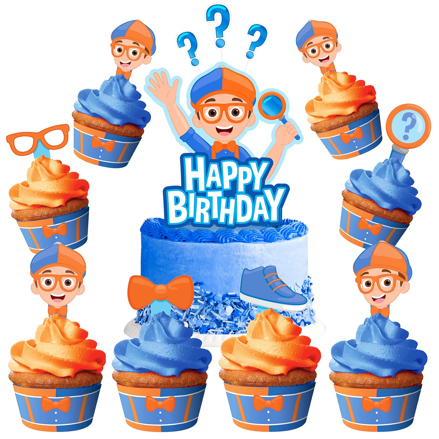 Treasures Gifted Officially Licensed Blippi Birthday Decorations - Cake Topper Set - 1 Cake Topper & 24 Cupcake Toppers & Wrappers - Blippi Party Supplies