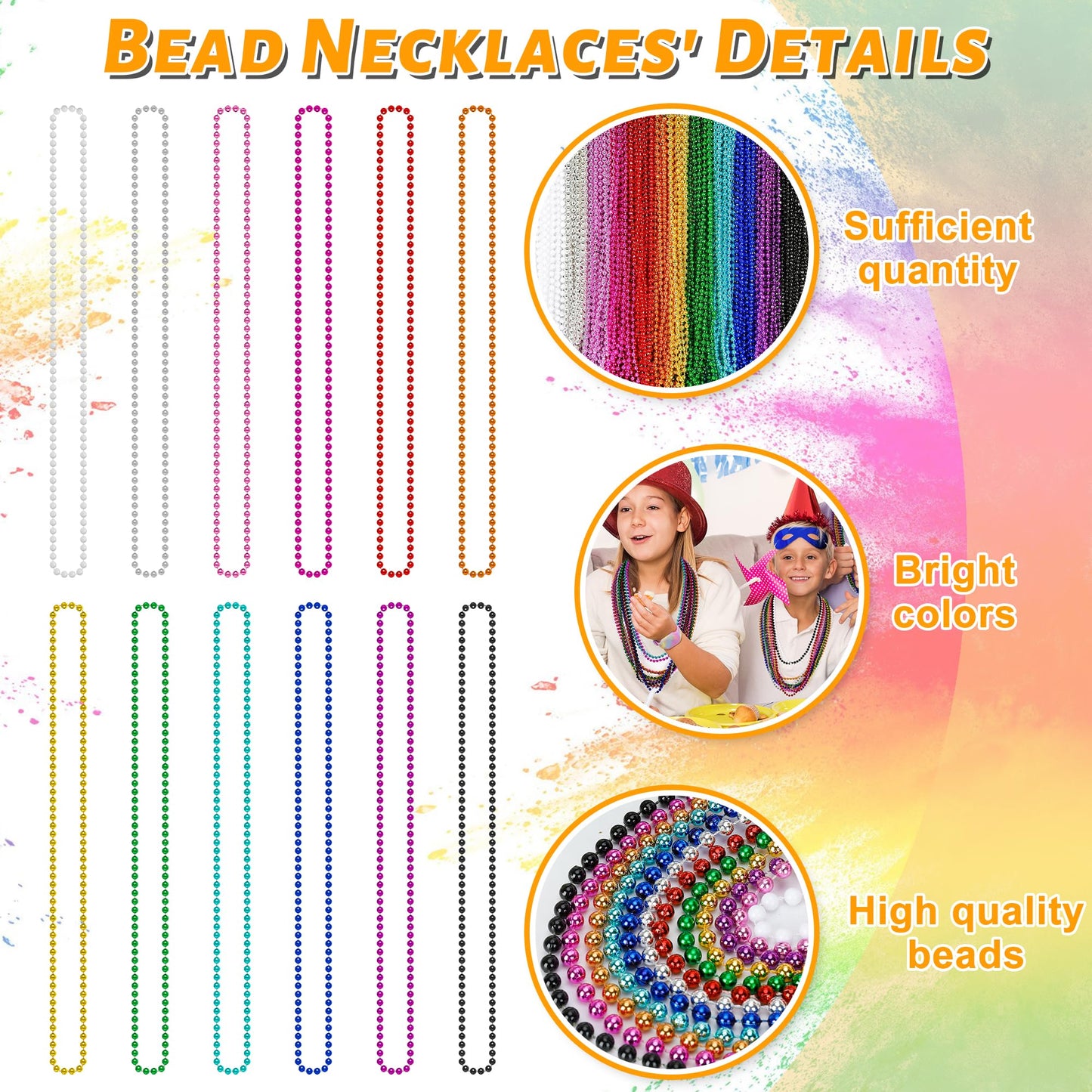 Huskein Bead Necklace, 120PCS Mardi Gras Beads, 33" Colorful Mardi Gras Beads Necklaces, Women Men Party Costume Accessories Parade Throws Bulk Party Favors for Christmas Pirate Carnival