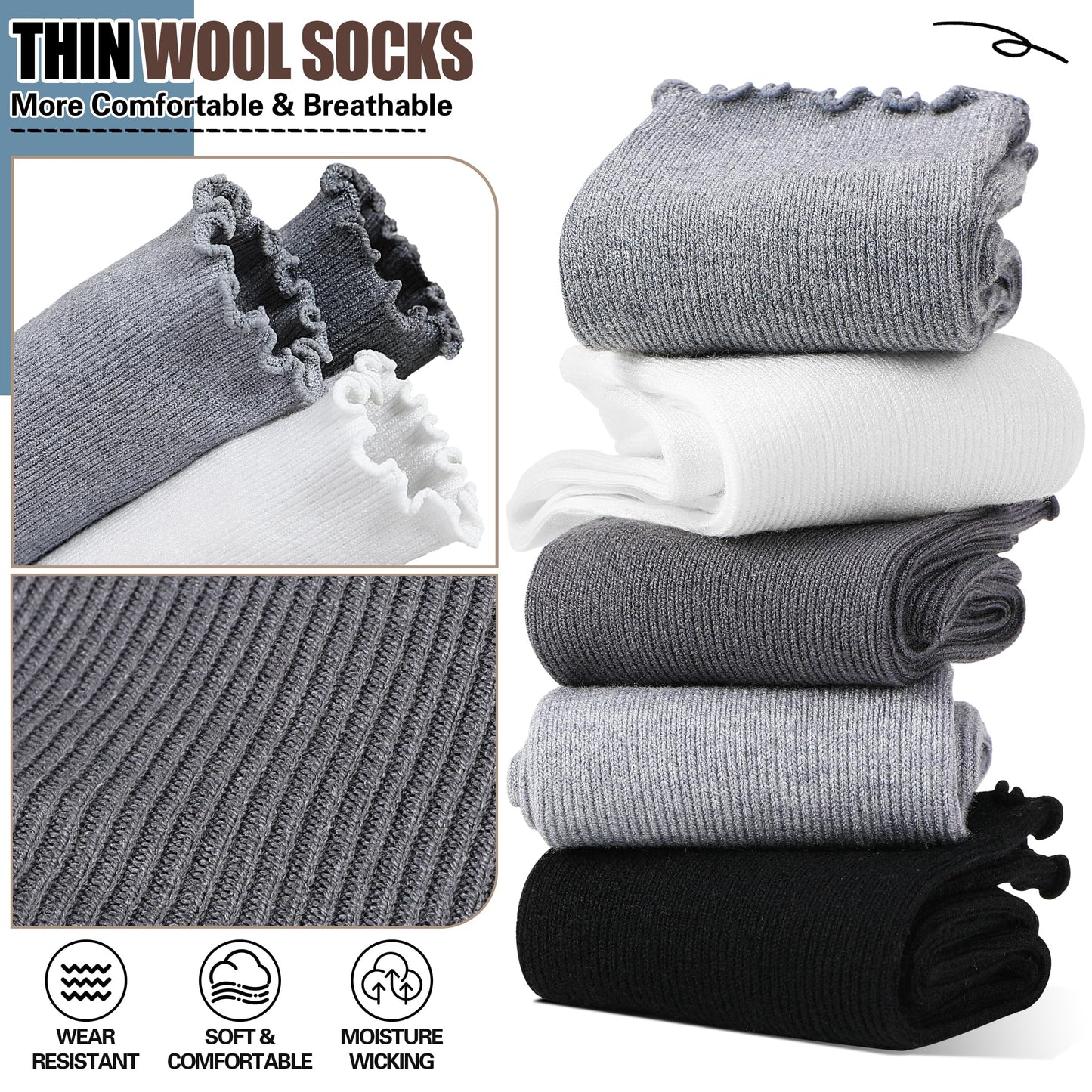 SAVALOS Thin Merino Wool Ruffle Boot Socks Warm Winter Cozy Frilly Soft Crew Work Gifts Socks for Womens 5 Pairs Stocking Stuffers(Striped-Grey,M)