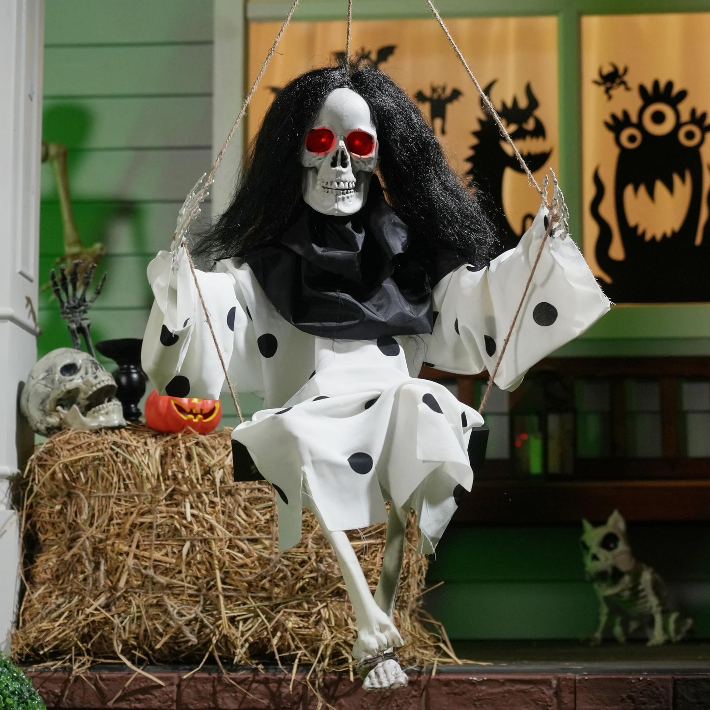 JOYIN 31" Halloween Animatronics Decorations Scary Swinging Clown, Outdoor Hanging Skeleton with Light-up Eyes and Kicking Legs, Sound Activated Ghost Decor for Haunted House, Lawn, Yard, Patio