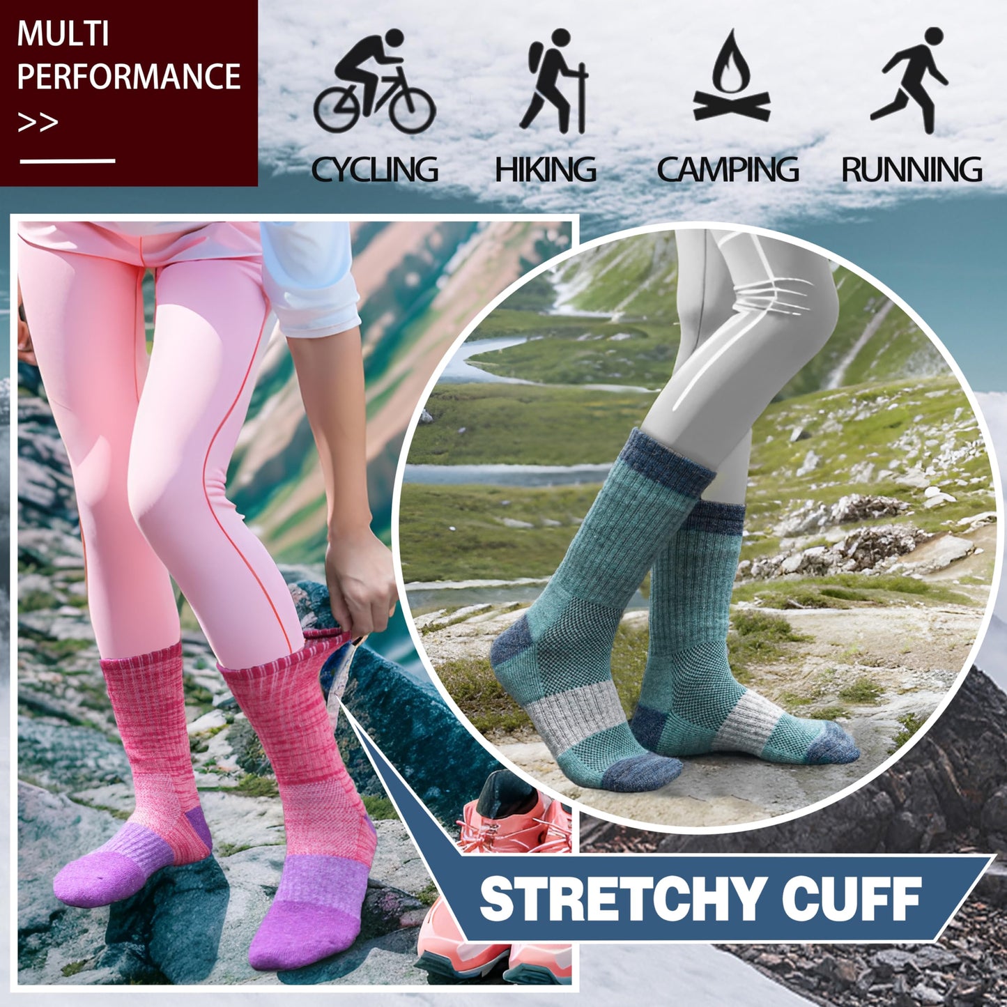 Anlisim Merino Wool Hiking Socks for Women Thermal Winter Warm Thick Work Cushion Gifts Socks 5 Pairs Stocking Stuffers(Tie-dye,M)