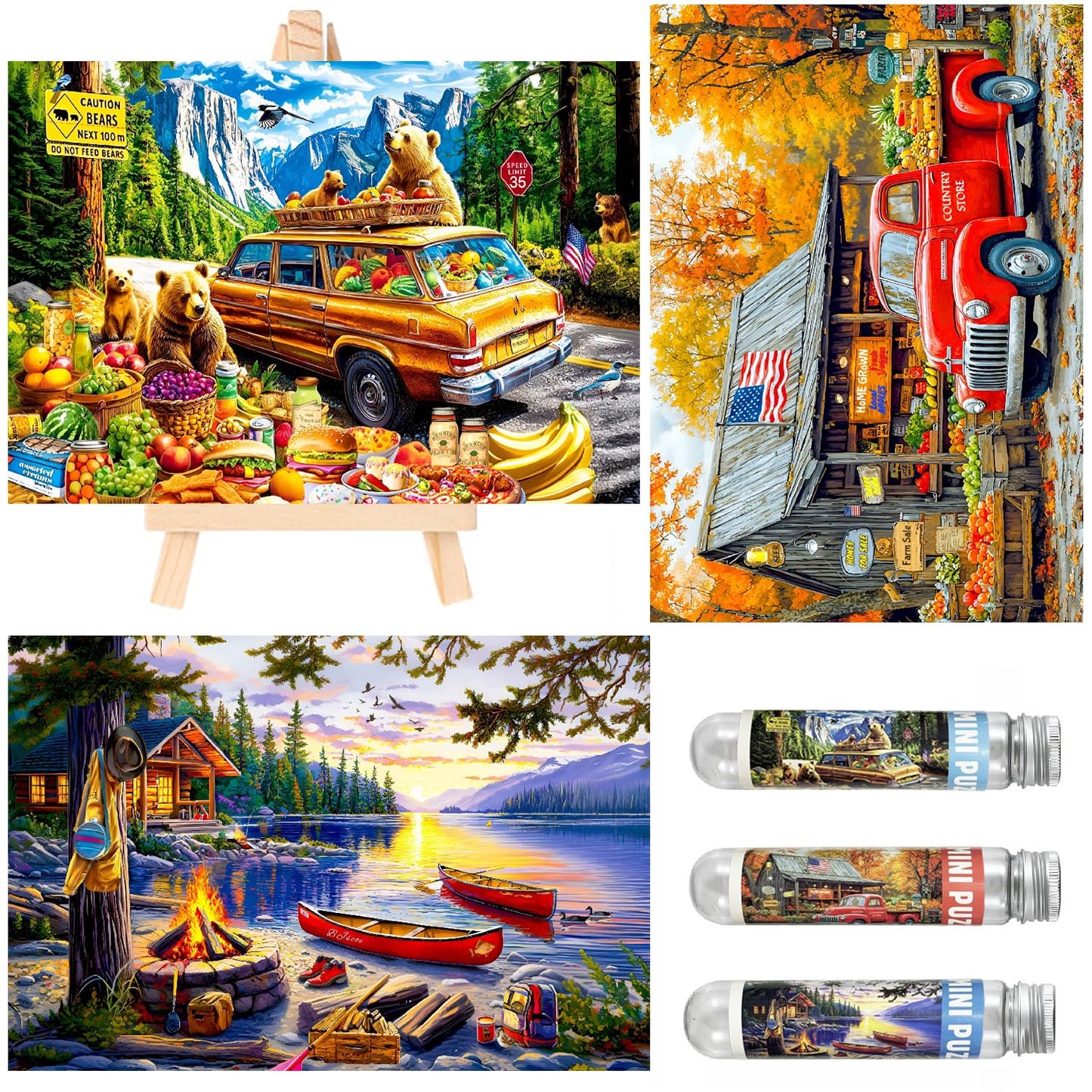 Small Jigsaw Puzzles for Adults 150 Pieces Mini Jigsaw Puzzles Challenging Retro American Illustration Puzzles 6 x 4 Inches, 3 Pcs,Mini Easel Included