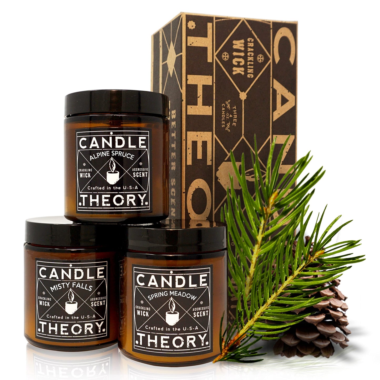 Scented Candle Gift Set with Crackling Wood Wicks 3, 4oz Candles, Misty Falls, Alpine Spruce, Spring Meadow - Designed for Both Men Women, Man Cave Decor Wood Wicks Candle Candles for Home