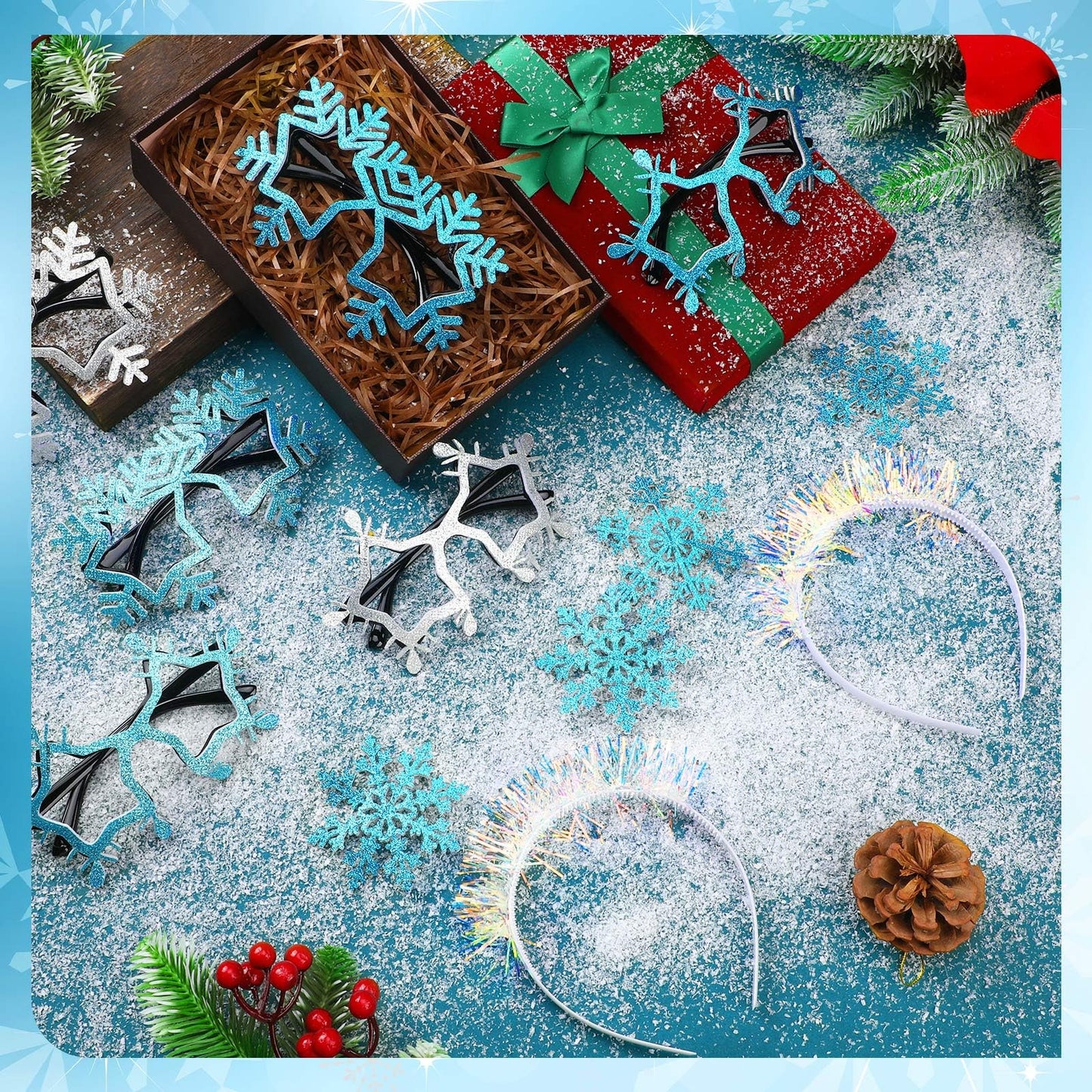 Riceshoot 12 Pcs Christmas Snowflake Headbands Snowflake Glasses Set Christmas Glittered Eyewear Headbands Accessories Party Favors