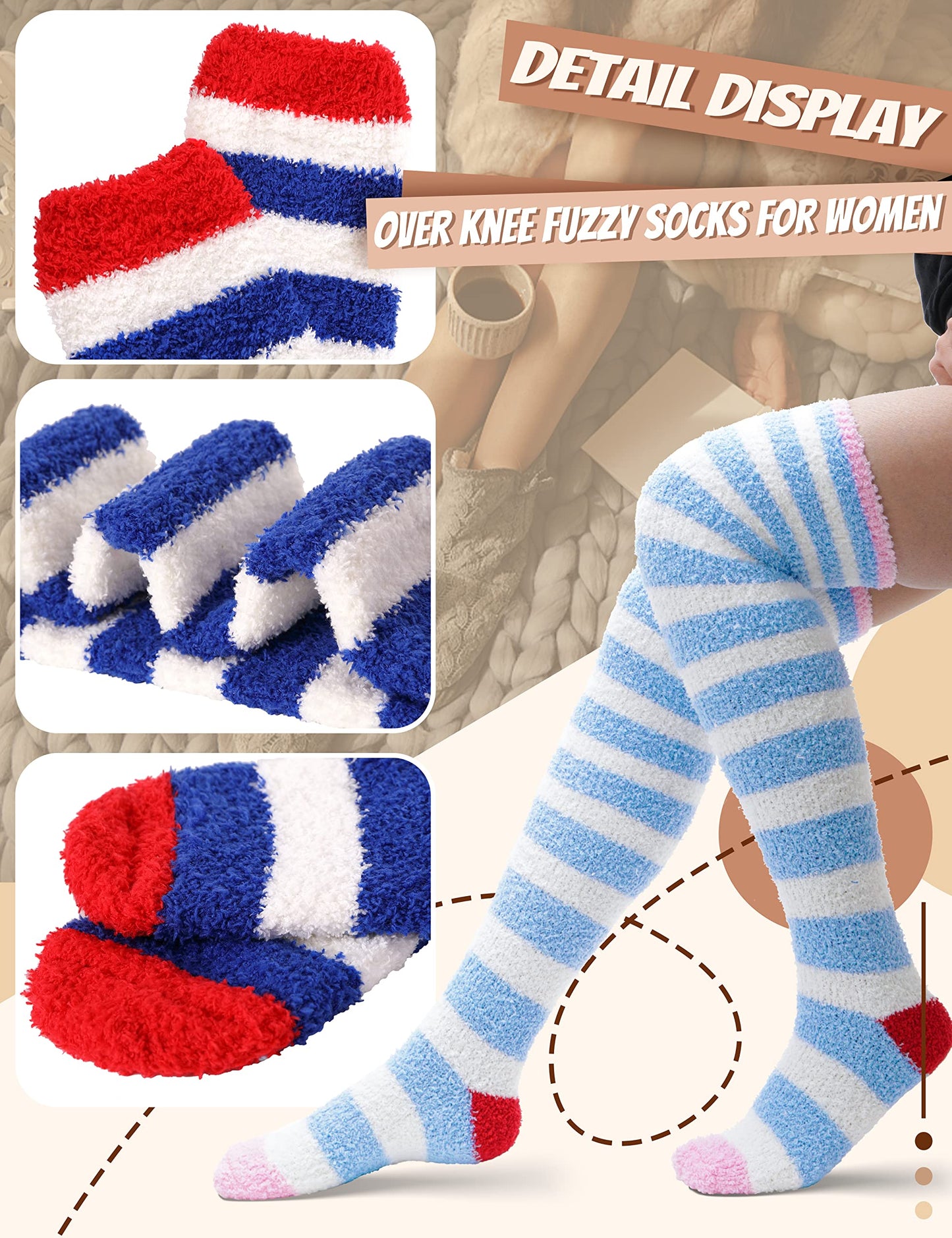 MOGGEI Womens Thigh High Fuzzy Socks Over Knee High Striped Stocking Stuffers Fluffy Cozy Slipper Fleece Gift Socks 2 Pairs (Blue & White Striped)