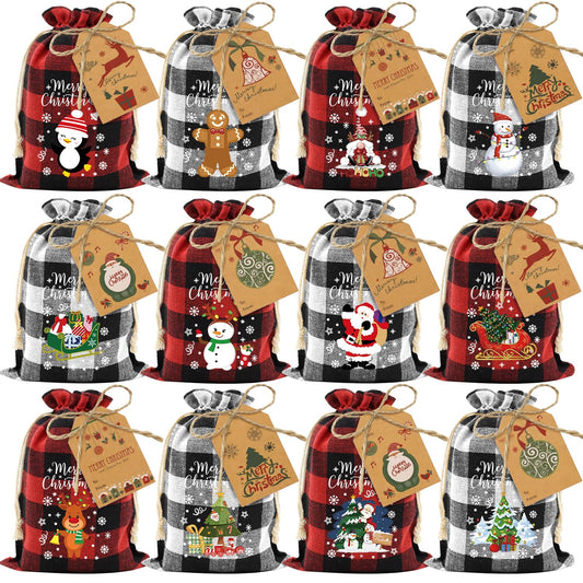 Aviski 72PCS Cotton Medium Christmas Drawstring Candy Treat Bags Buffalo Plaid Xmas Xmas Christmas Fabric Goody Gift Sacks Reusable Gift Wrapping Bags Holiday Party Favors - Red/White