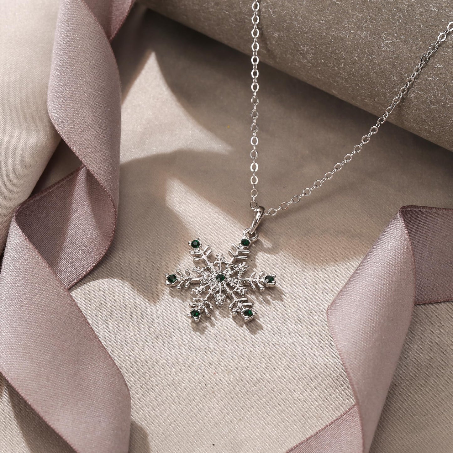 EVER FAITH Austrian Crystal Snowflake Necklace Winter Prom Flower Pendant Adjustable Chain Necklaces Jewelry Gifts for Women Green Silver-Tone