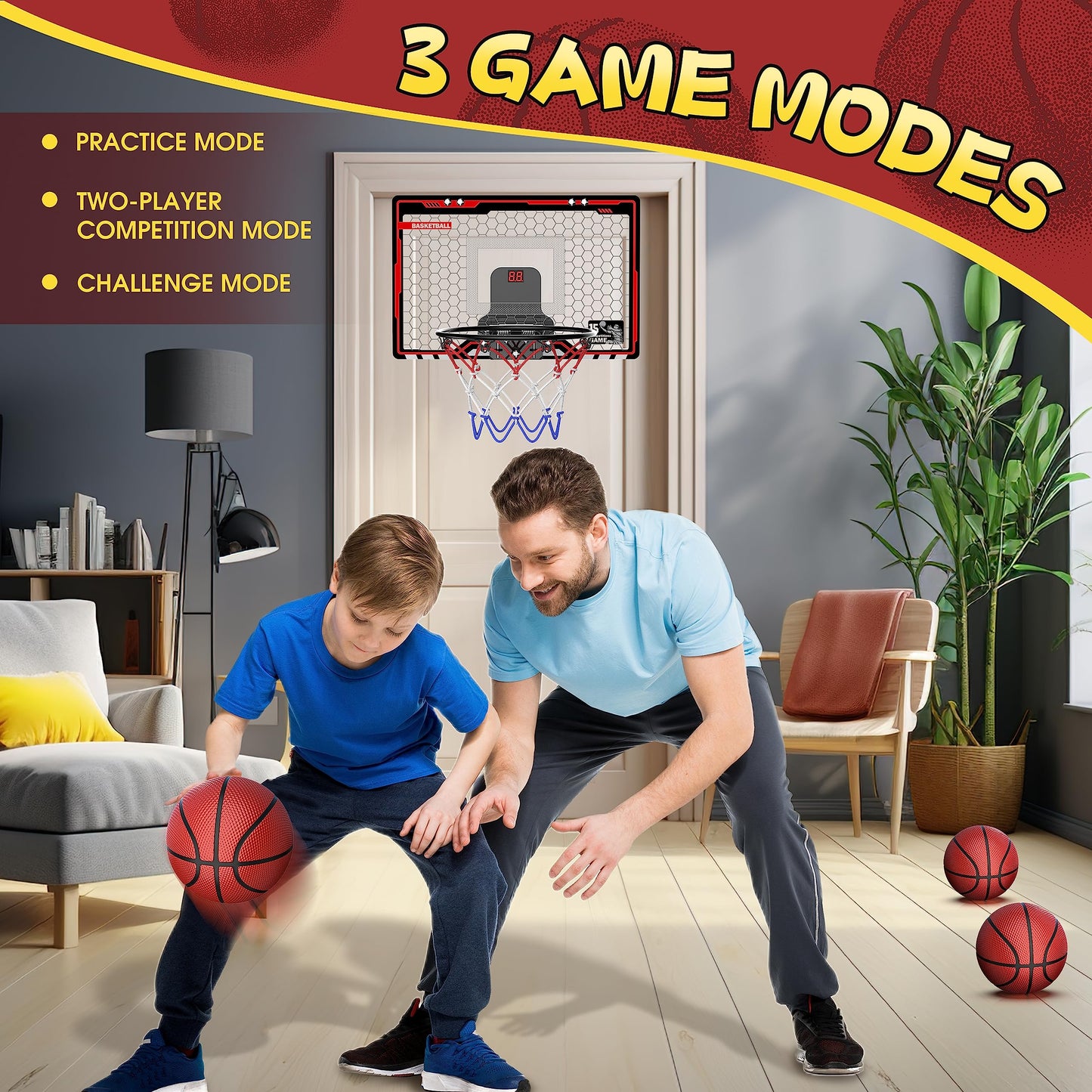 HopeRock Indoor Basketball Hoop, Over The Door Mini Basketball Hoops for Kids, with LED Light and Scoreboard, Birthday Gifts for 5 6 7 8 9 10 11 12 Years Old Boys Girls, Sports Toys