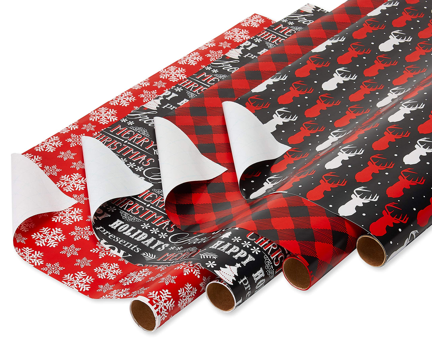 American Greetings 120 sq. ft. Red and Black Christmas Wrapping Paper Set with Cut Lines (4 rolls 30 in. x 12 ft., 7 Bows, 30 Gift Tags), Christmas Text, Plaid, Reindeer and Snowflakes