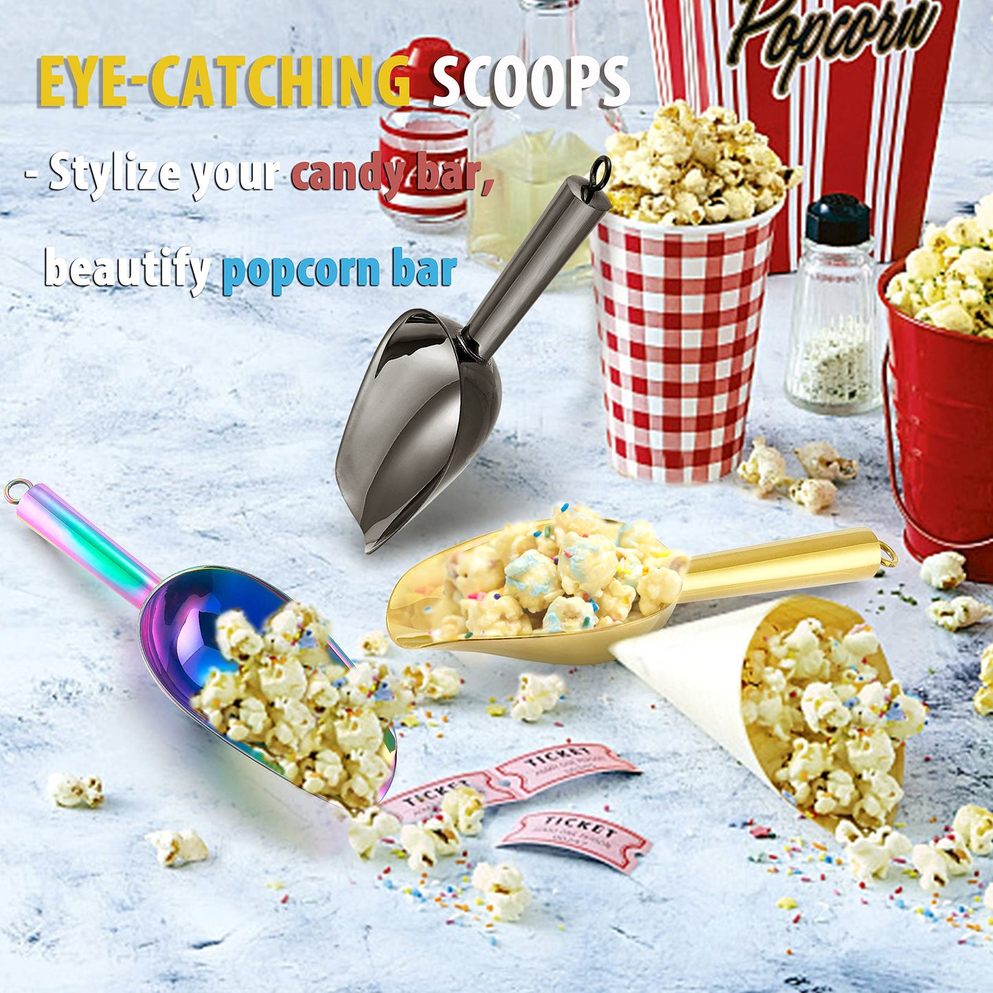 Mini Ice Scoop Set of 8, E-far 3 Ounce Platinum Black Stainless Steel Scoops for Candy/Flour/Sugar, Small Metal Scoops for Party/Canisters Jars/Kitchen Bar/Ice Maker, Rust Proof & Dishwasher Safe