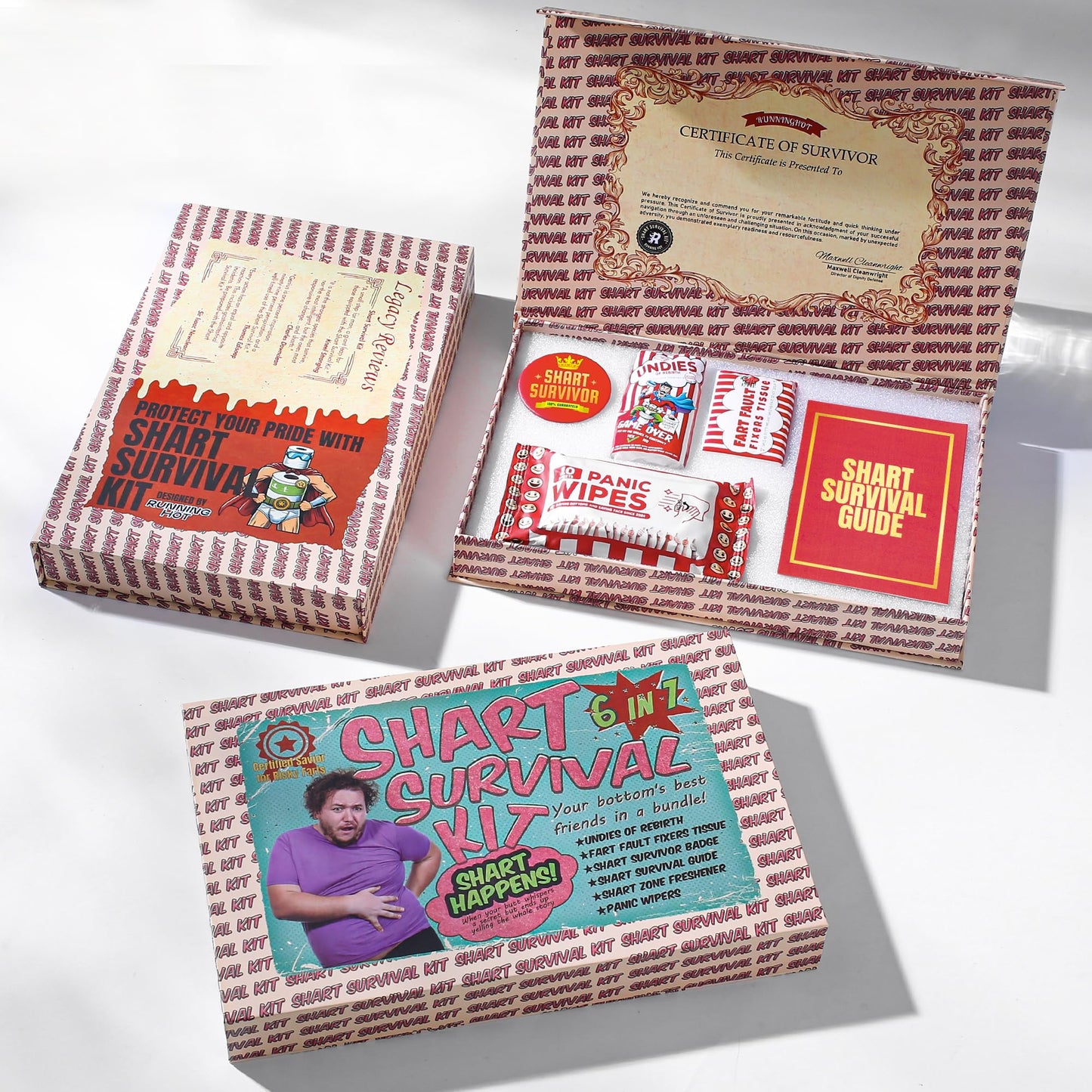 RUNNING HOT Shart Survival Kit, Funny Gifts for Men, White Elephant Gift, Gag Prank Box, Hilarious Gifts, Novelty Gift Set for for Family Friends, 6 in 1, Survival Guide & More