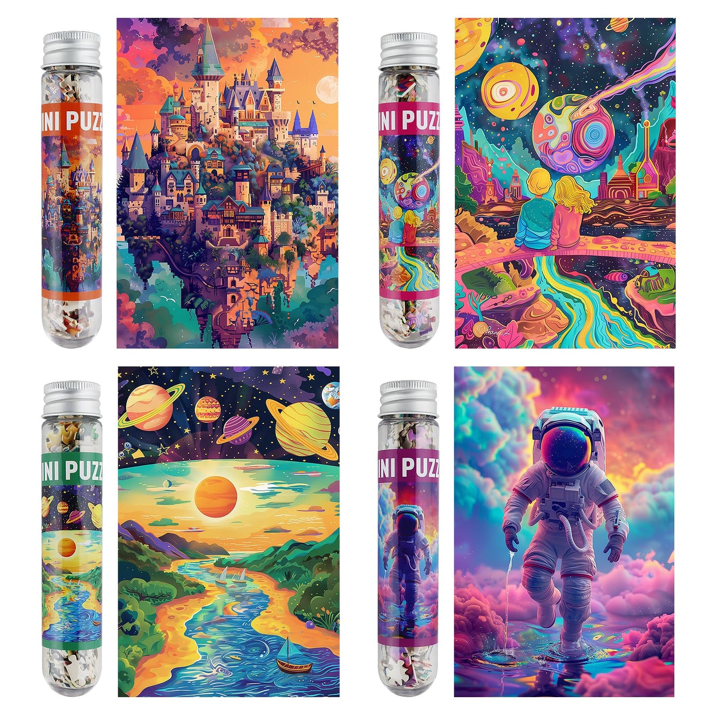 MISITU Small Jigsaw Puzzles for Adults Challenging Puzzle Small Puzzles Mini Jigsaw Puzzles 150 Pieces Micro Tiny Puzzle Art Puzzles Travel Puzzle Astronauts 6 x 4 Inches, 4 Packs
