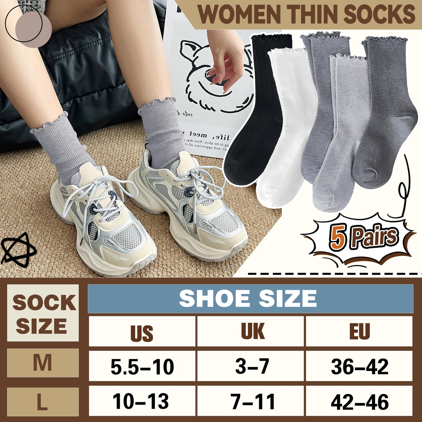 SAVALOS Thin Merino Wool Ruffle Boot Socks Warm Winter Cozy Frilly Soft Crew Work Gifts Socks for Womens 5 Pairs Stocking Stuffers(Striped-Grey,M)