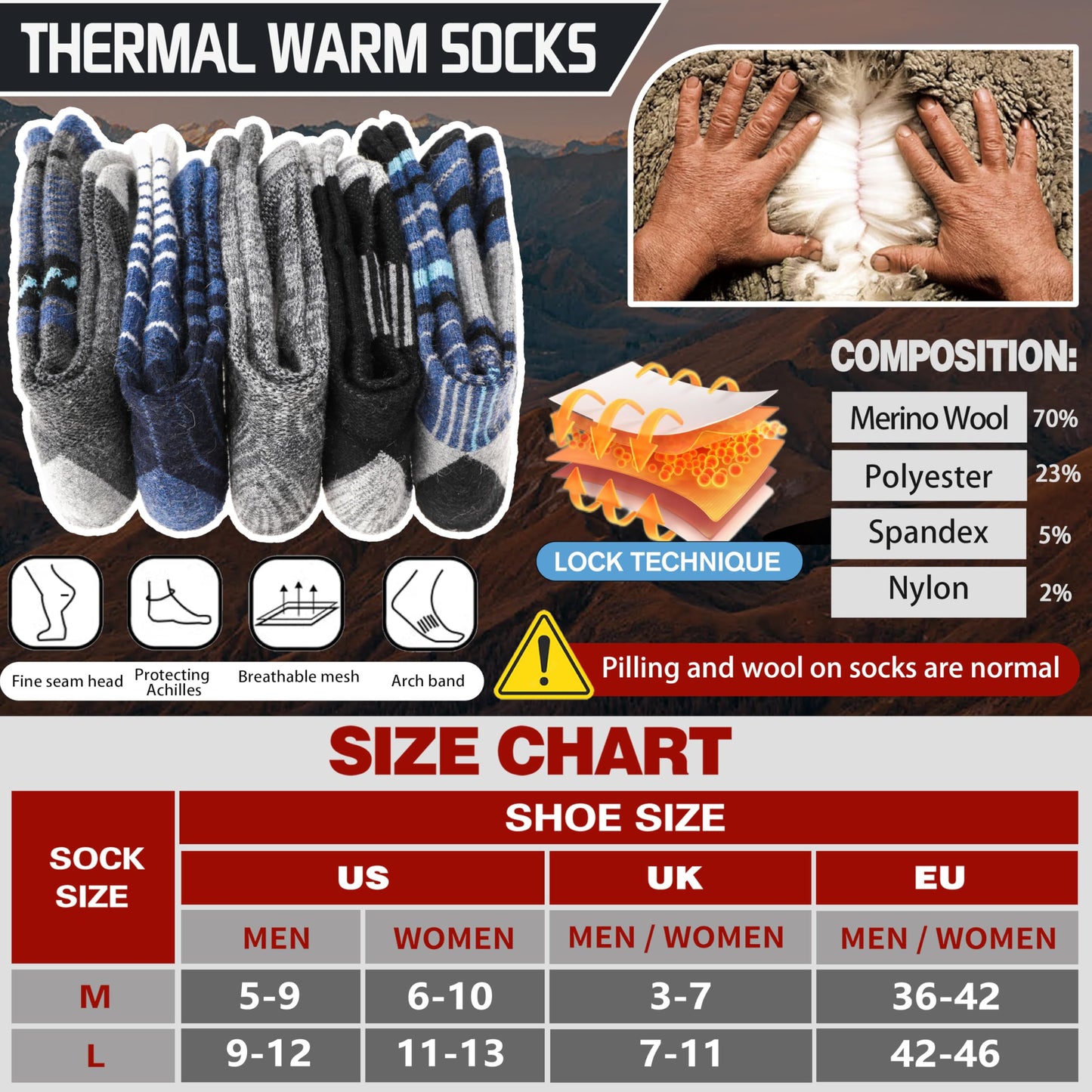 Merino Wool Socks for Men Thermal Winter Warm Hiking Cozy Crew Work Gift Socks Stocking Stuffers 5 Pairs(Blue,L)