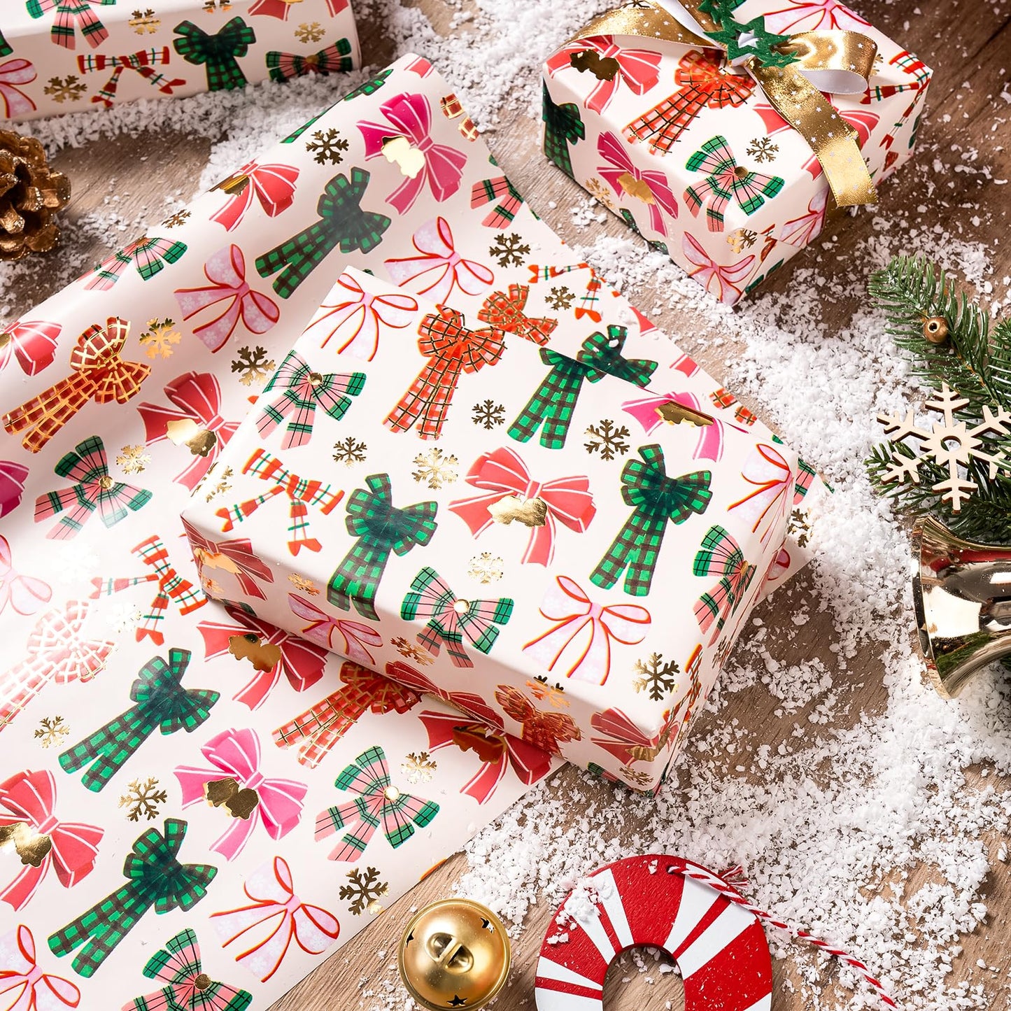 WRAPAHOLIC 30 Inch Jumbo Bow Christmas Wrapping Paper - Mini Roll - 17 Inch x 16.5 Feet - Gold Foil Snoflakes and Plaid Bow Wrapping Paper for Girl Boy Kids, Christmas, Holiday