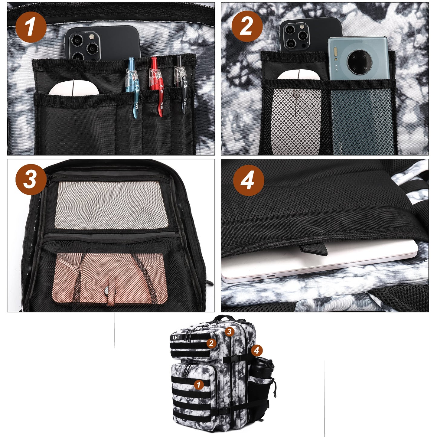 LHI Military Tactical Backpack for Men Molle Daypack 45L Army 3 Days Assault Pack Bag Large Rucksack With Bottle Holder Black and White(12*20*12)