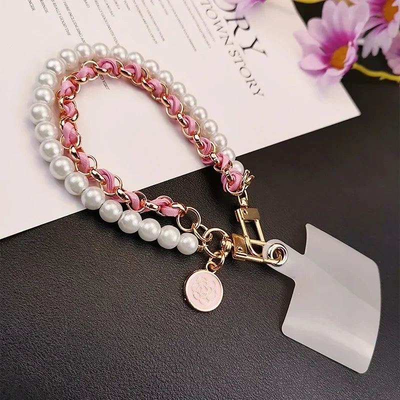 Leather Pearl Camellia Phone Charm Strap