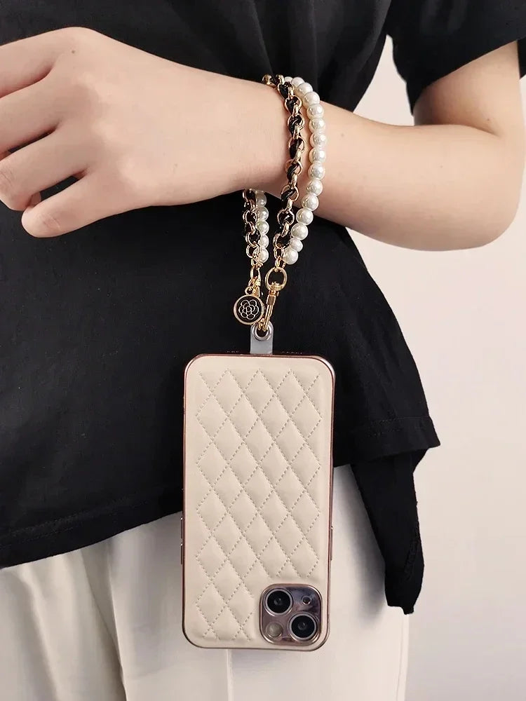 Leather Pearl Camellia Phone Charm Strap