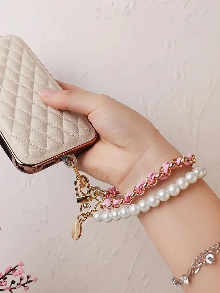 Leather Pearl Camellia Phone Charm Strap