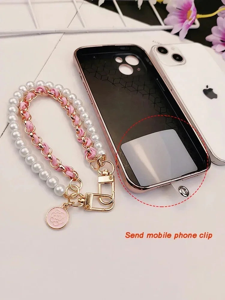 Leather Pearl Camellia Phone Charm Strap