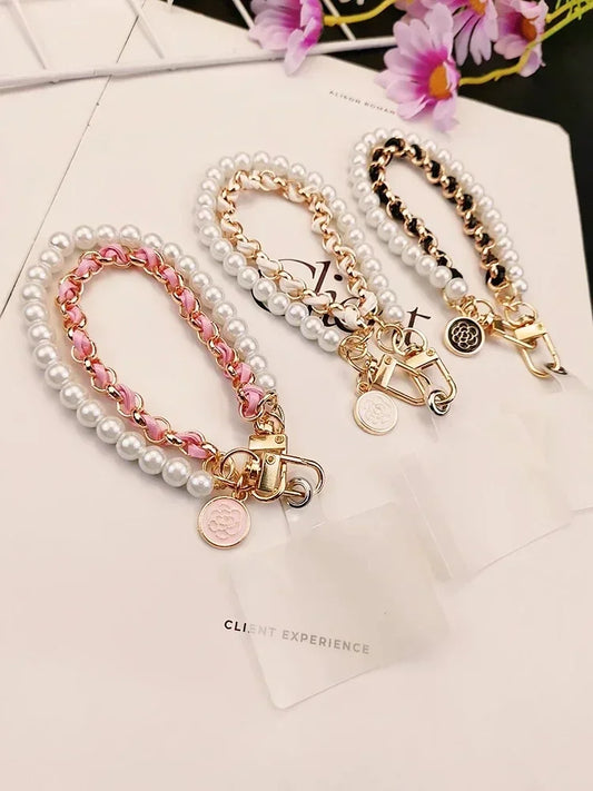 Leather Pearl Camellia Phone Charm Strap