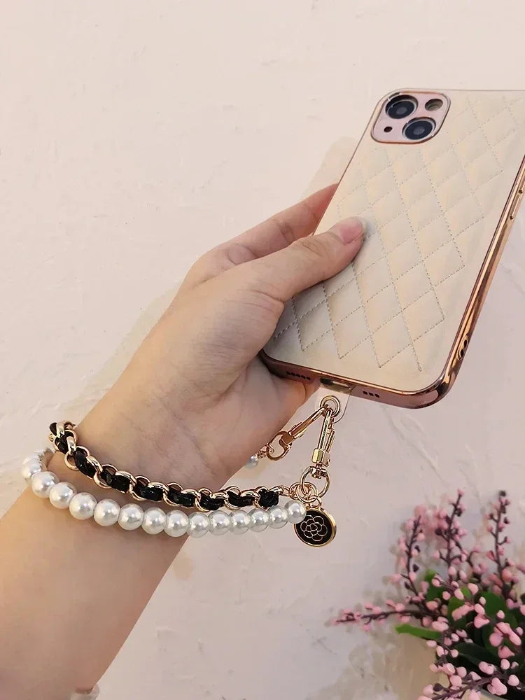 Leather Pearl Camellia Phone Charm Strap