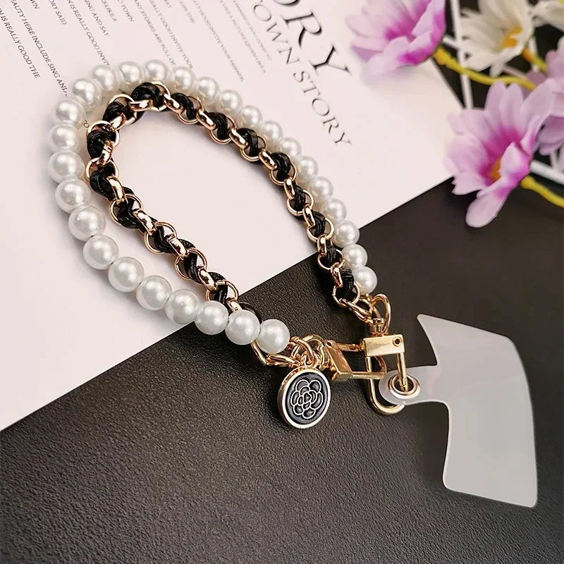 Leather Pearl Camellia Phone Charm Strap