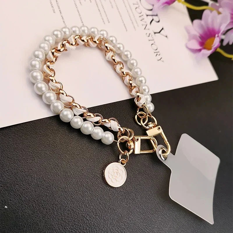 Leather Pearl Camellia Phone Charm Strap