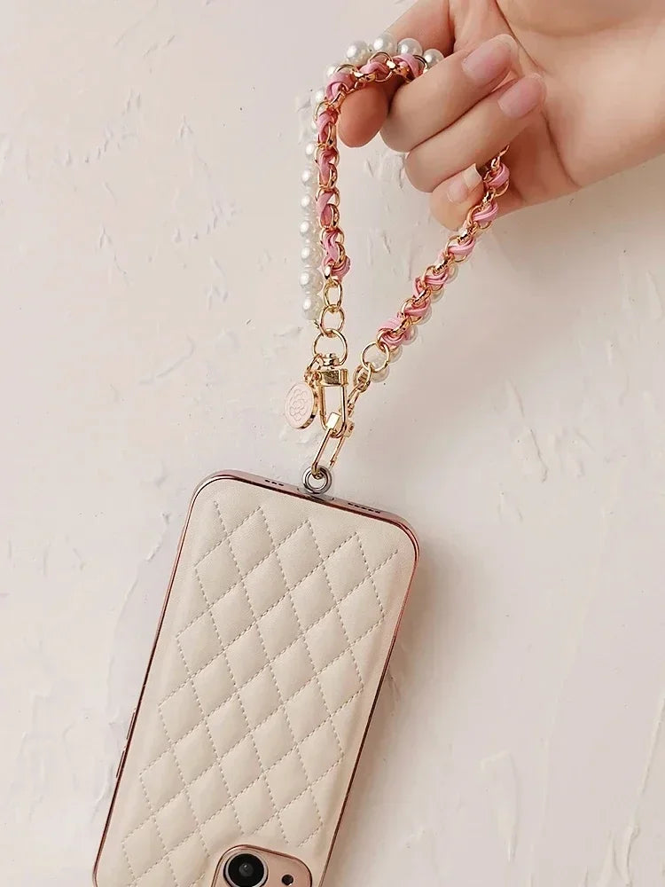 Leather Pearl Camellia Phone Charm Strap